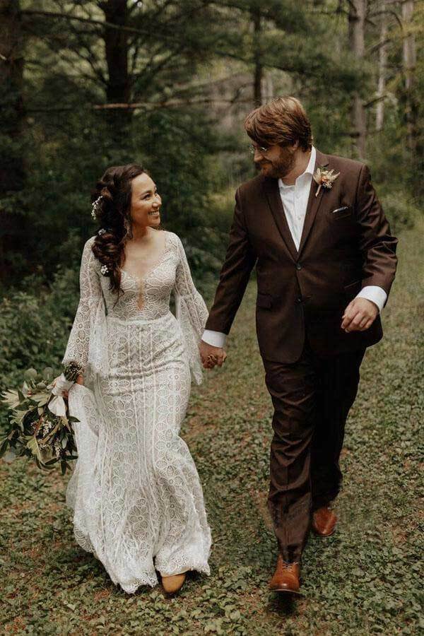 Sheath Long Sleeves Lace up Back Beach Wedding Dresses, Bridal Gown - Image 3