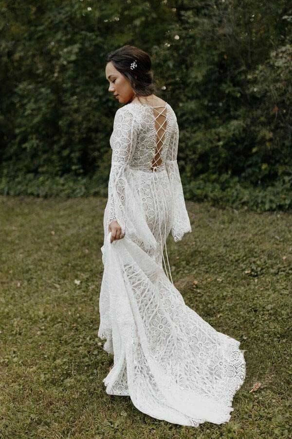 Sheath Long Sleeves Lace up Back Beach Wedding Dresses, Bridal Gown - Image 4