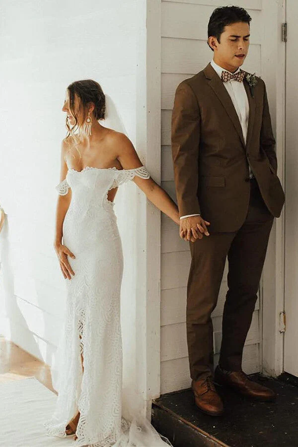 Sheath Off-the-Shoulder Lace Wedding Dresess With Slit, Bridal Dresses - Image 2