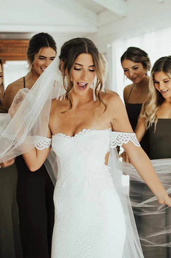 Sheath Off-the-Shoulder Lace Wedding Dresess With Slit, Bridal Dresses - Image 3
