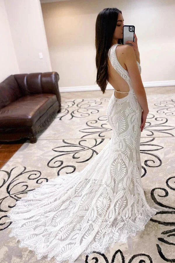 Sheath Open Back Lace Wedding Dresses With Court Train, Bridal Dresses, - Image 2