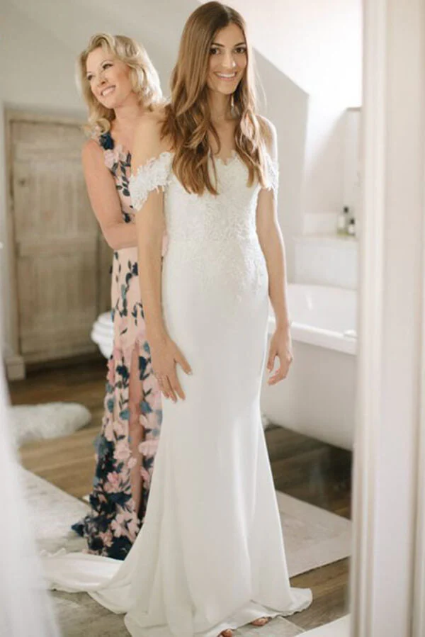 Sheath Satin Lace Off-the-Shoulder Wedding Dresses With Sweep Train