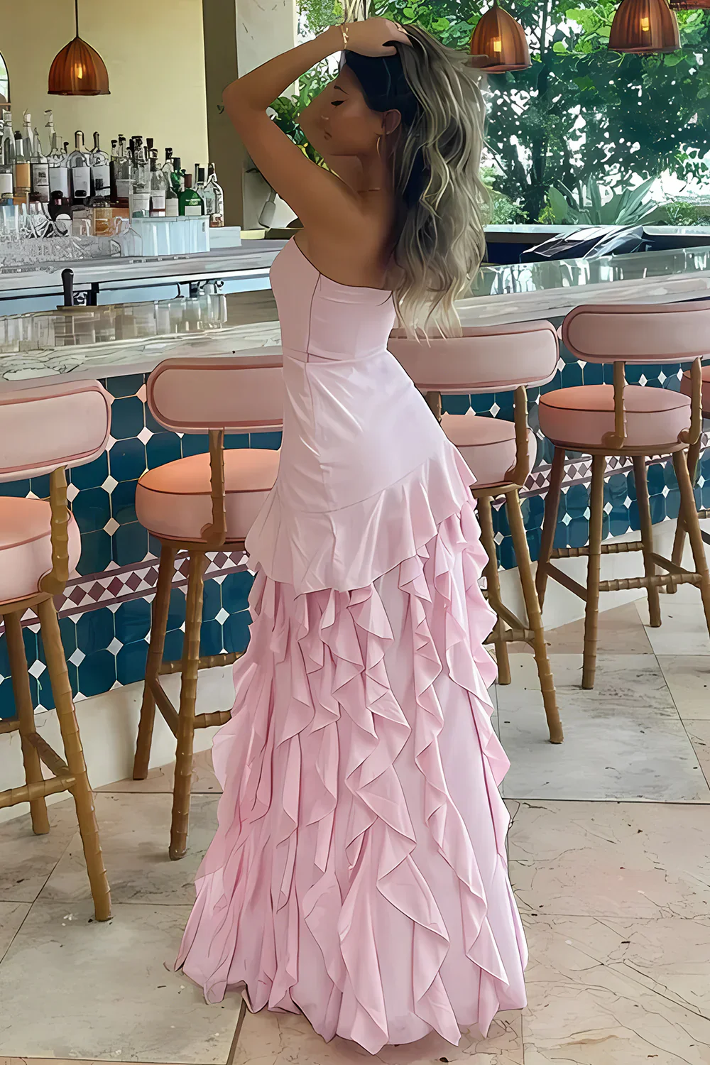 Sheath Strapless Pink Long Prom Dress with Ruffles - Image 2