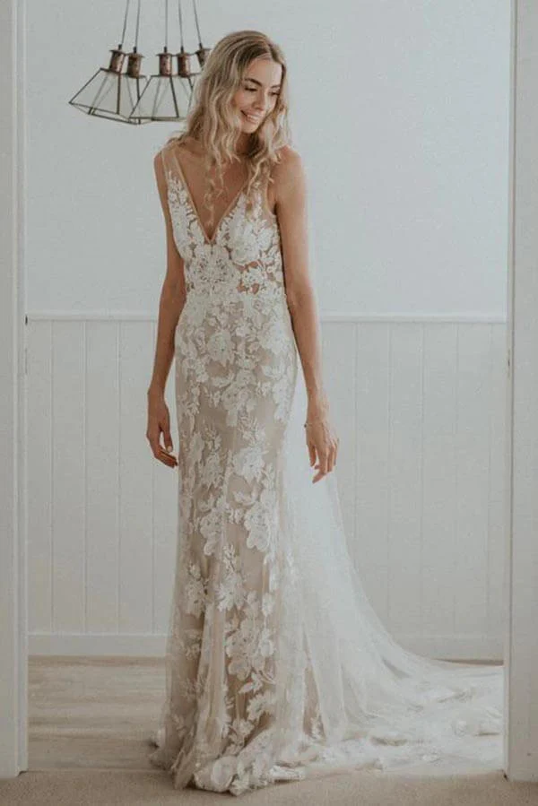 Sheath V-neck Lace Wedding dresses With Chapel Train, Wedding Gowns - Image 2