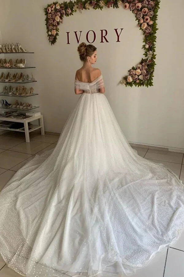 Shiny Ivory Tulle A-line Off Shoulder Wedding Dresses, Bridal Gowns - Image 4