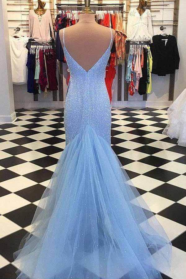 Shiny Light Blue Mermaid Beaded Backless Prom Dresses, Evening Dress, MP641 - Image 2