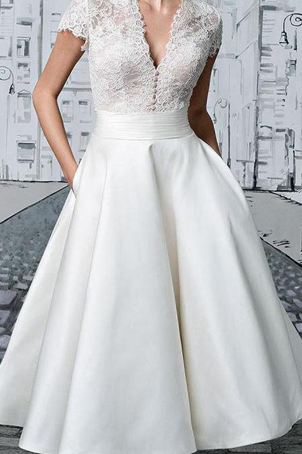 Short Wedding Dresses V-neck Lace Tea-length Ivory Simple Bridal Gown WD422 - Image 2