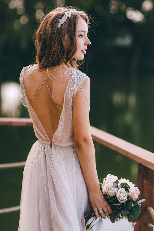 Silver Tulle Rustic Cap Sleeves Boho Wedding Dresses, Wedding Gown - Image 3
