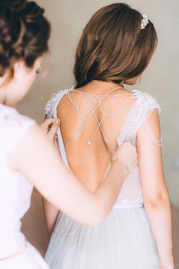 Silver Tulle Rustic Cap Sleeves Boho Wedding Dresses, Wedding Gown - Image 4