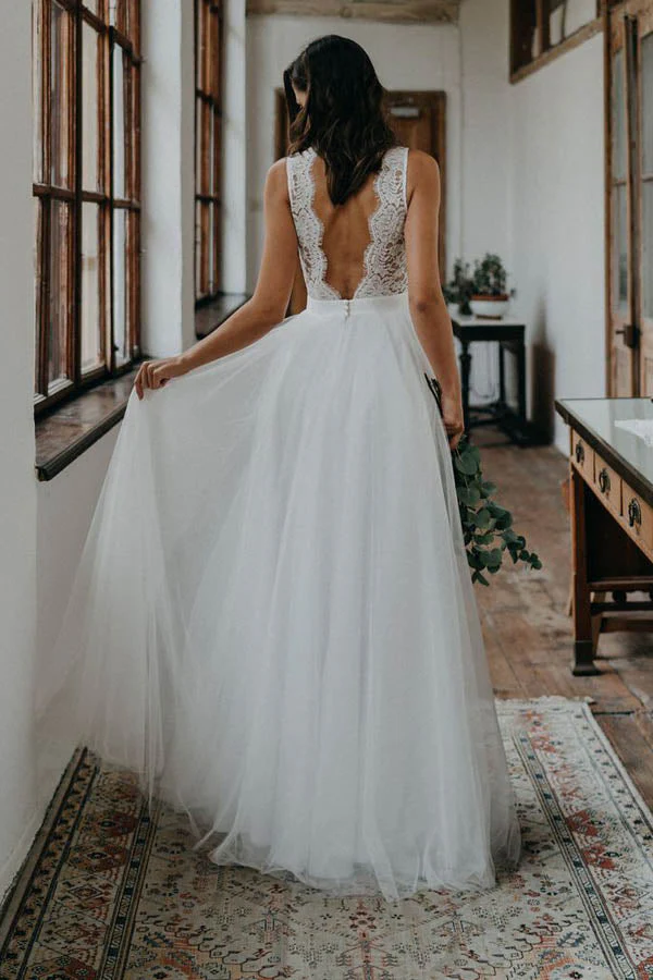 Simple A-ine V-neck Open Back Tulle & Lace Wedding Dresses,Beach Wedding Dresses - Image 2