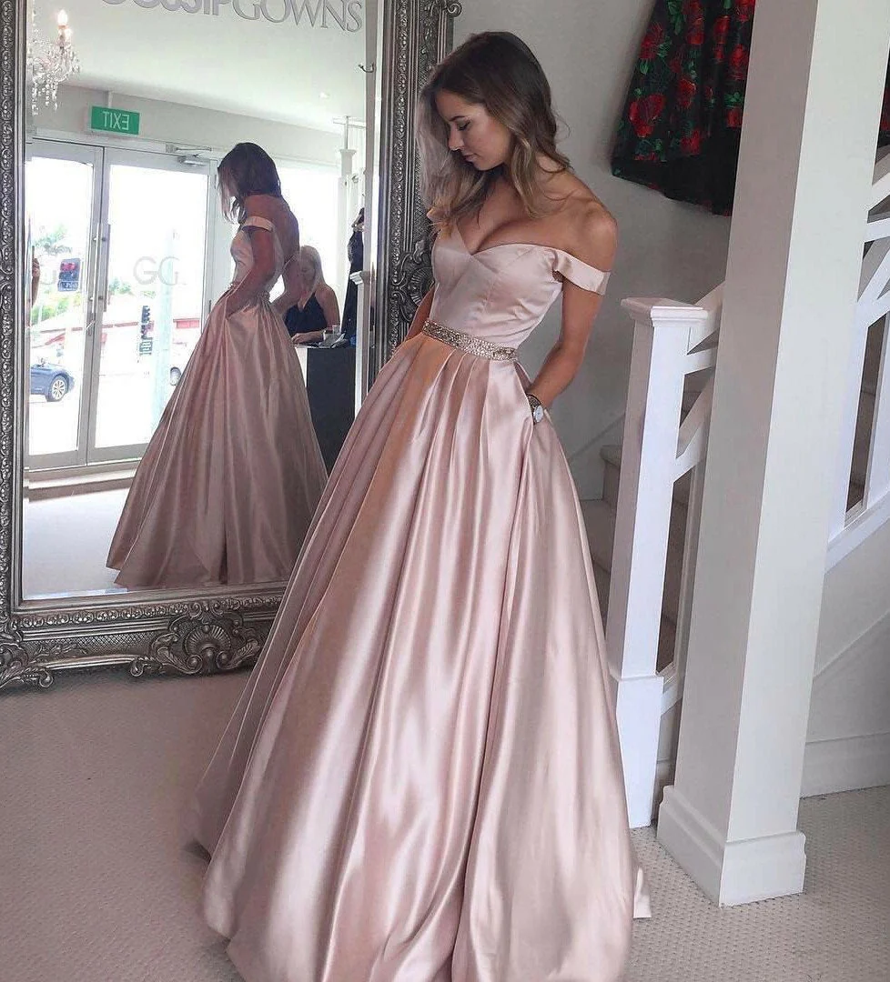 Simple A-line Off the Shoulder Floor Length Prom Dresses, Evening Dresses - Image 2