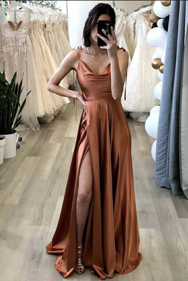 Simple A-line Spaghetti Straps Long Prom Dress With Slit, Evening Gown, MP696 - Image 2