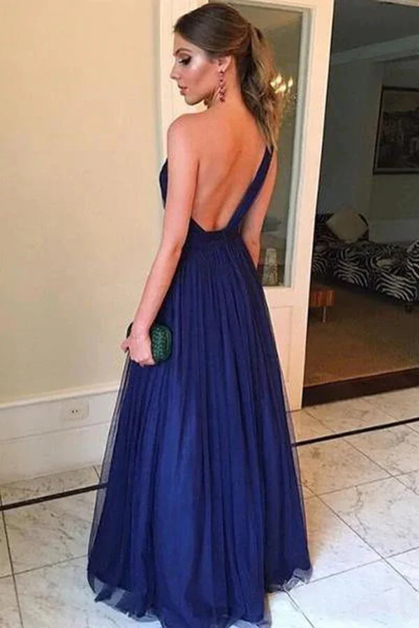 Simple Blue Tulle A-line One Shoulder Long Prom Dresses, Evening Gown, MP685 - Image 2