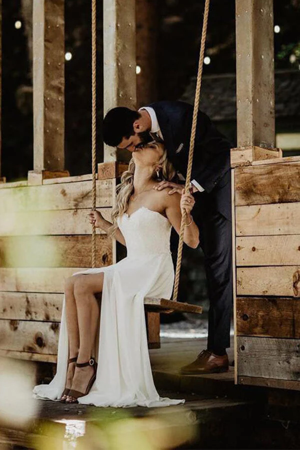 Simple Chiffon Lace A-line Sweetheart Strapless Beach Wedding Dress - Image 4