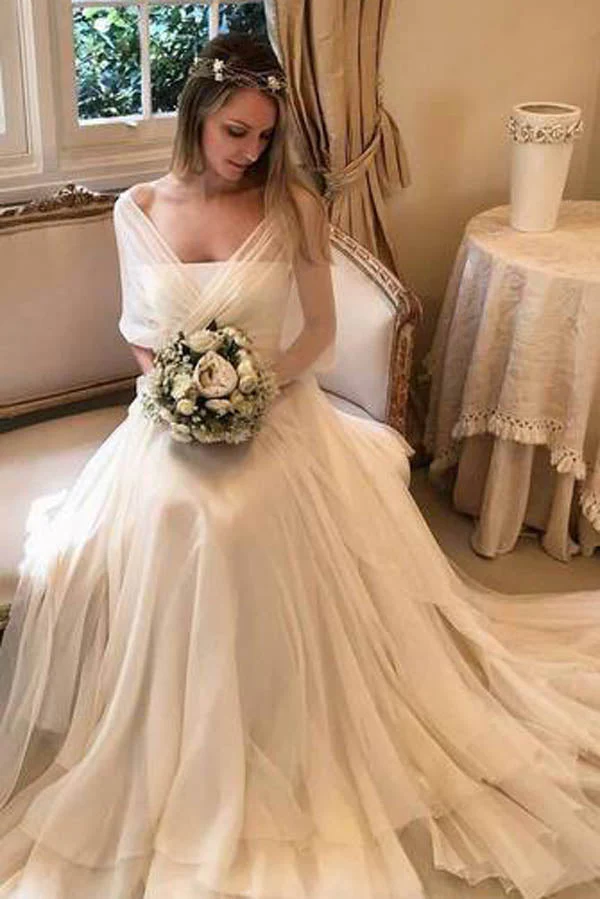 Simple Elegant Chiffon with Wrap Sleeve Beach Wedding Dresses