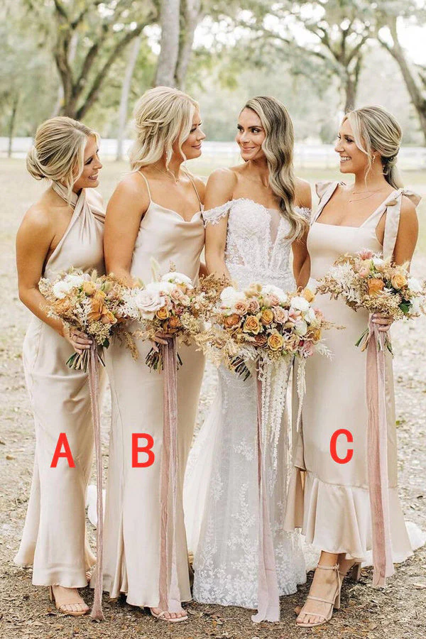 Simple Elegant Long Champagne Bridesmaid Dress - Image 3