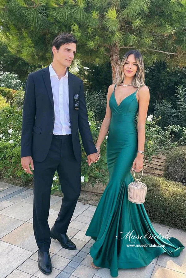 Simple Green Stain Mermaid V-neck Long Prom Dress, Long Formal Dresses - Image 2