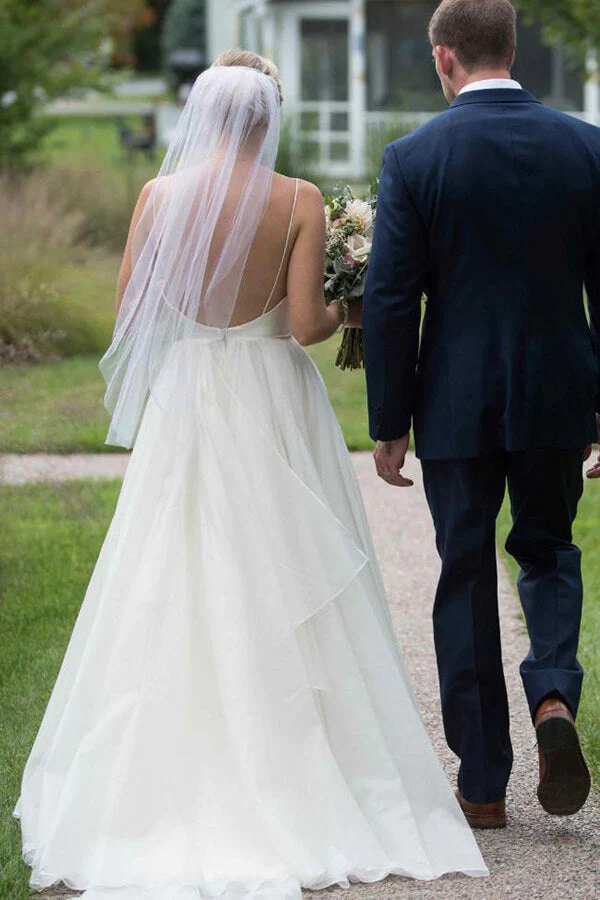 Simple Ivory A-line V-neck Backless Wedding Dresses, Beach Wedding Dress - Image 2