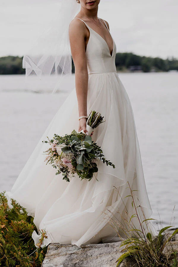 Simple Ivory A-line V-neck Backless Wedding Dresses, Beach Wedding Dress - Image 4
