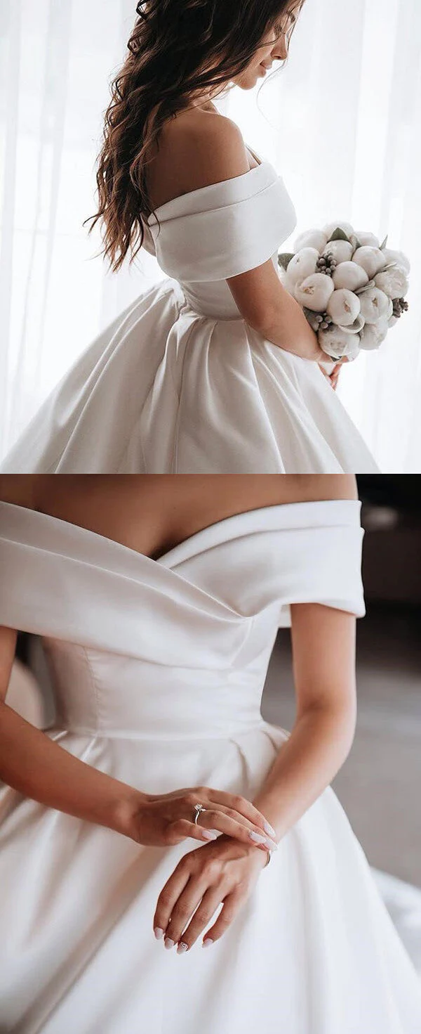 Simple Ivory Ball Gown Satin Lace Off-the-Shoulder Wedding Dresses - Image 3