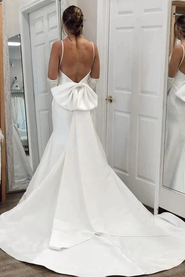 Simple Ivory Satin Mermaid V Neck Wedding Dresses, Wedding Gowns - Image 2