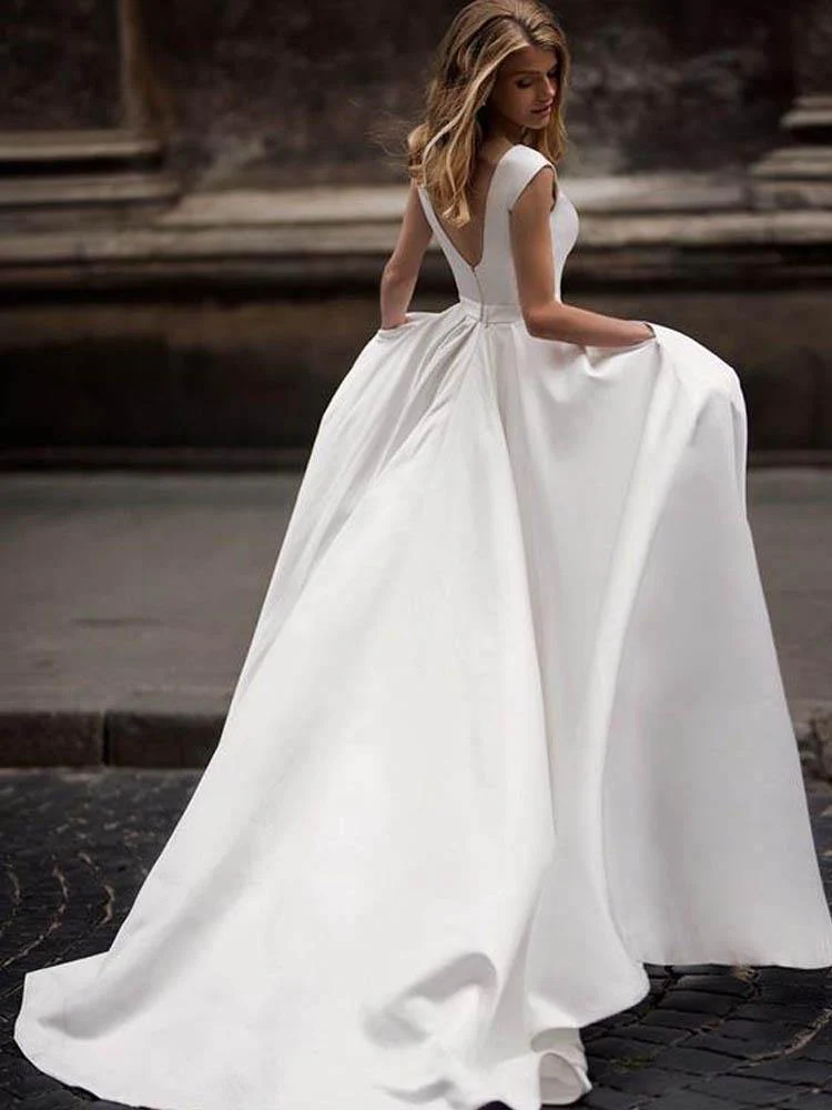 Simple Ivory Satin Vintage A-line Princess Wedding Dresses With Pockets - Image 2