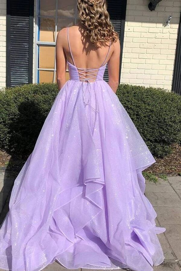 Simple Lilac Tulle A-line V-neck Lace Up Long Prom Dresses, Evening Gown, MP663 - Image 3