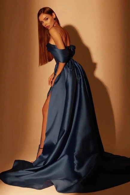Modest Long Navy Blue A-line Off-the-shoulder Evening Prom Dresseses With Split Online - Image 2