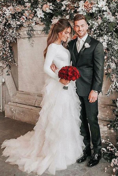 Simple Long Sleeve Ivory White Wedding Dresses with Ruffle Skirt - Image 3