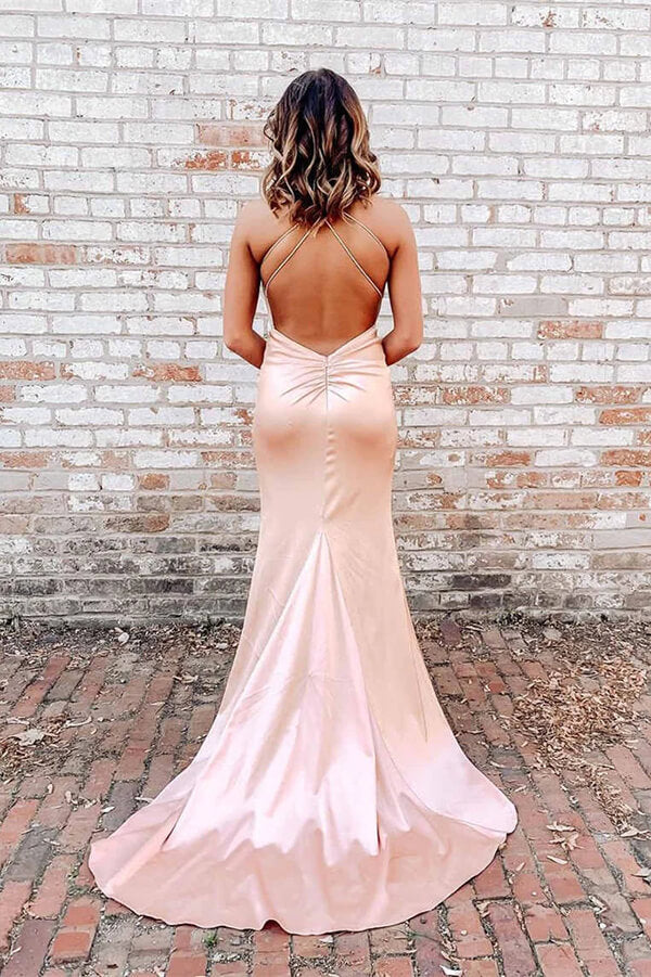 Simple Pearl Pink Mermaid Spaghetti Straps V-neck Long Prom Dresses - Image 2