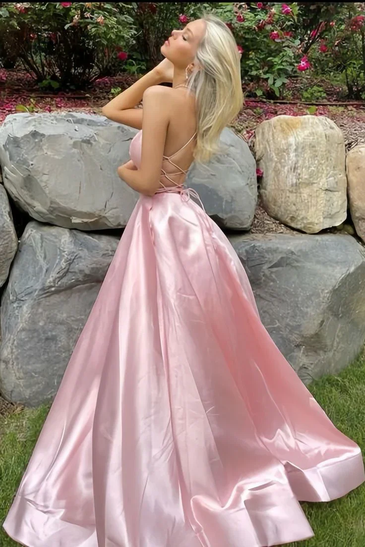 Simple Pink A-Line Satin Party Dress Side Slit Prom Dress Evening Dress - Image 3