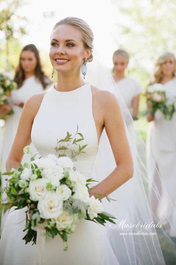 Simple Satin A-line Halter Sleeveless Featured Back Wedding Dresses - Image 3