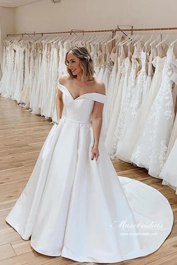 Simple Satin A-line Off-the Shoulder Wedding Dresses With Court Train - Image 2