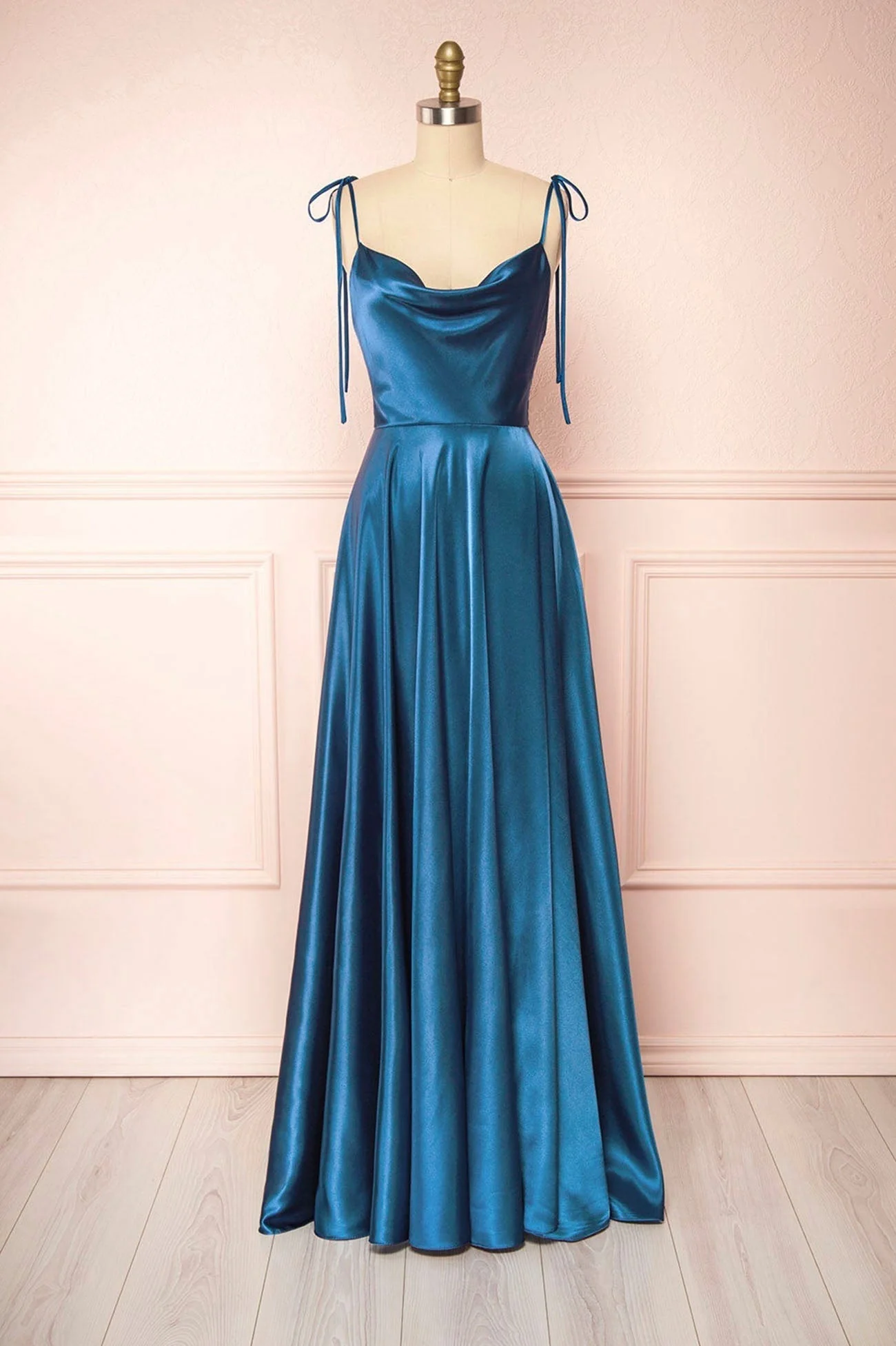 Simple Satin Long A-Line Prom Dress Spaghetti Straps Evening Dress - Image 8