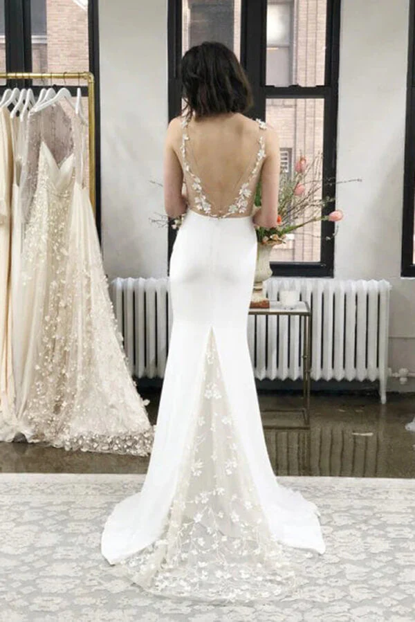 Simple Satin Sheath Deep V-neck Wedding Dresses With Lace Appliques - Image 2