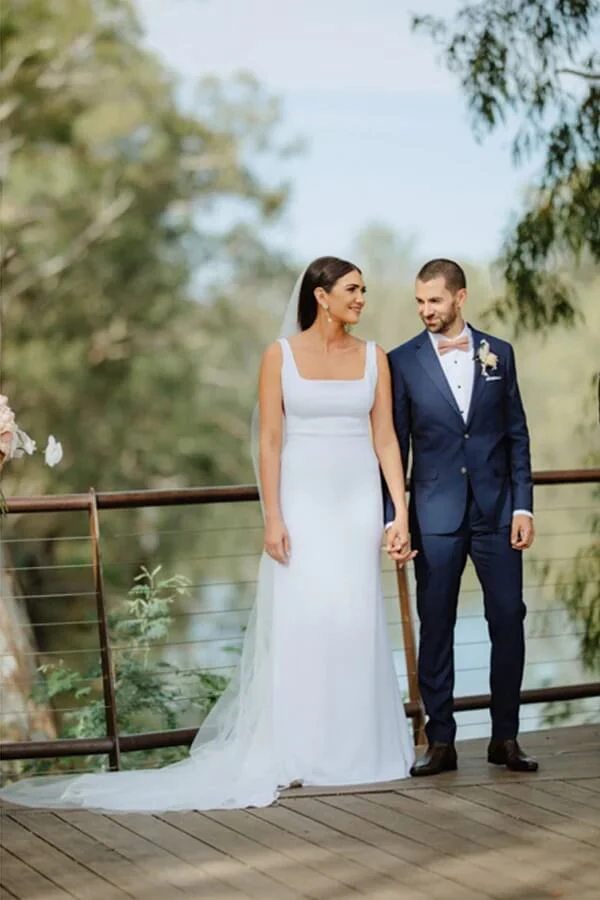 Simple Satin Sheath Square Neck Backless Wedding Dress With Sweep Train - Image 3