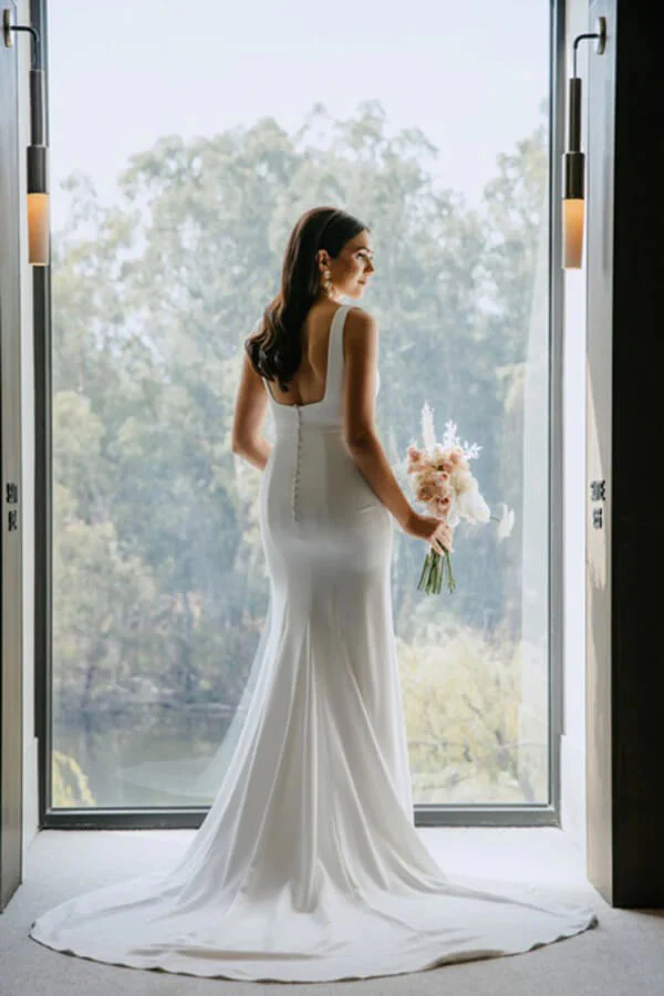 Simple Satin Sheath Square Neck Backless Wedding Dress With Sweep Train - Image 4