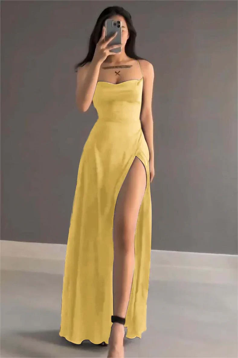 Simple Spaghetti Strap Long Prom Dress with Slit Open Back - Image 3