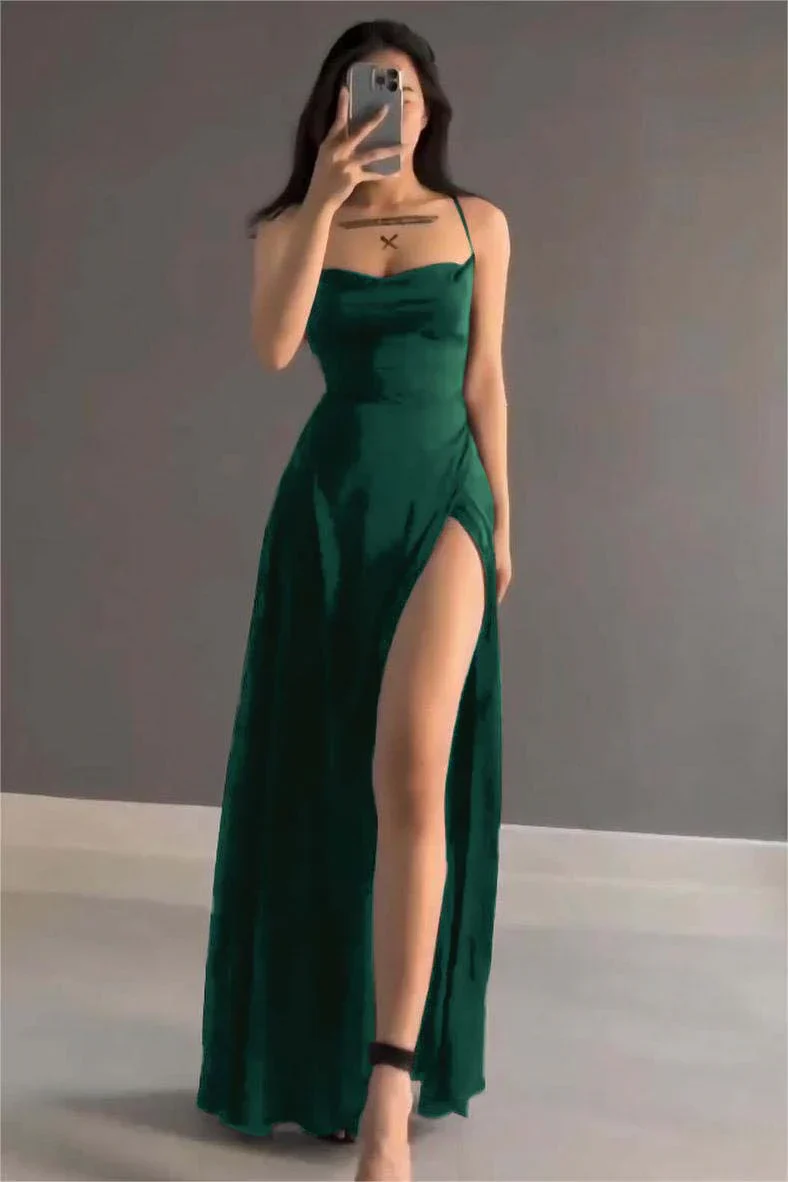 Simple Spaghetti Strap Long Prom Dress with Slit Open Back - Image 5