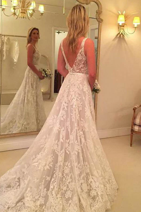 Simple Wedding Dresses Backless V Neck Lace Bridal Dress