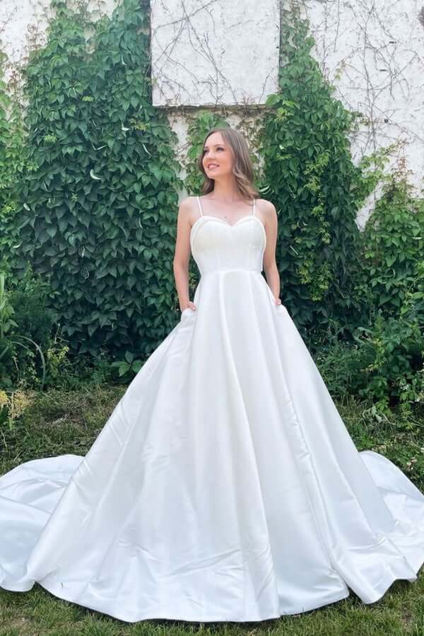 Simple White A-line Satin Spaghetti Straps Sweetheart Neck Wedding Dresses