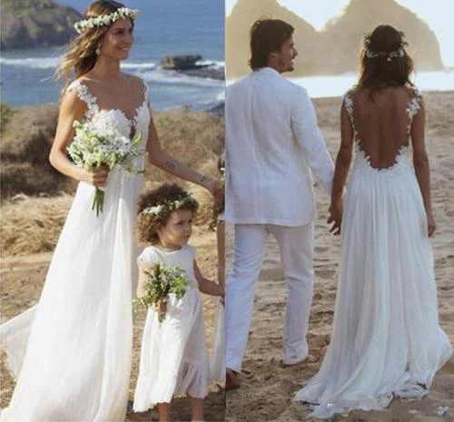 Simple White Chiffon Open Back Straps A-line Wedding Dresses with Appliques - Image 2