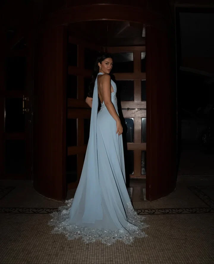 Sky Blue Chiffon Maxi Prom Dresses with Halter Neckline Lace Applique Open Back for Prom and Garden Wedding - Image 4