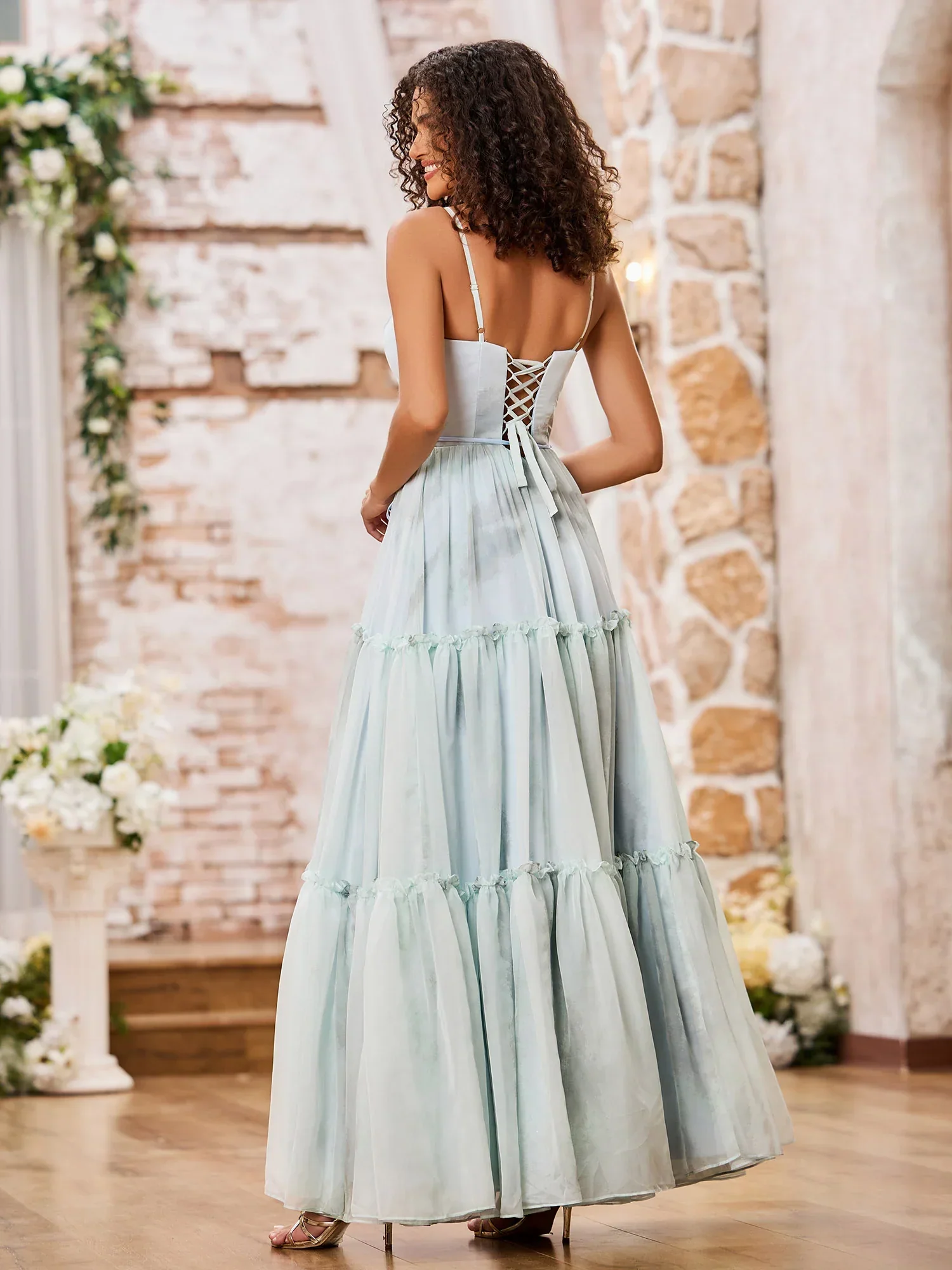 Sky Blue Tulle Maxi Prom Dresses with Spaghetti Strap V Neck Waist Tie Lace-Up Back Tiered Ruffle Skirt for Prom and Garden Wedding - Image 5