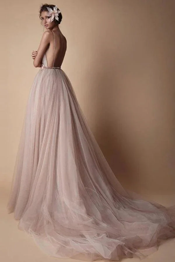 Spaghetti Strap Deep V Neck Beach Wedding Dresses With Applique WD321 - Image 4