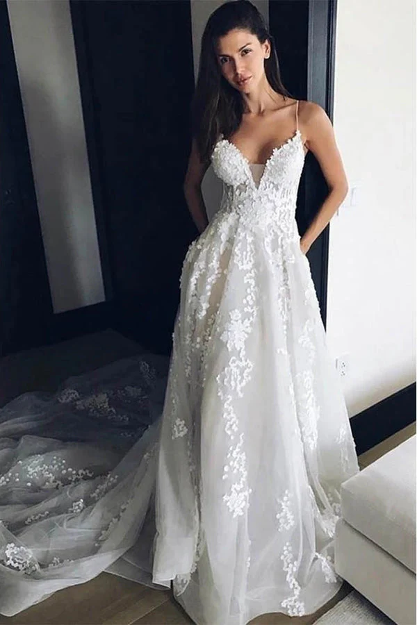 Spaghetti Straps Beach Wedding Dress, Boho Bridal Gown with Appliques Lace
