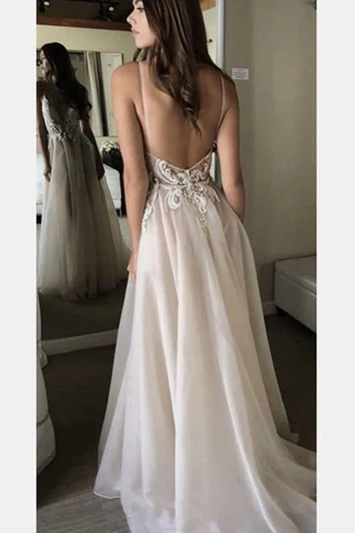 Spaghetti Straps Deep V-neck Lace Appliqued Beach Wedding Dress - Image 2