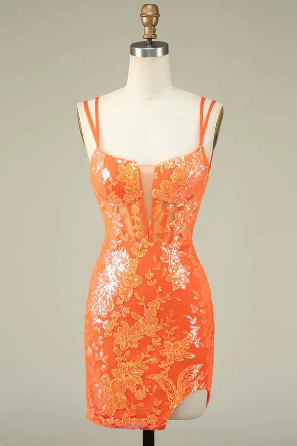 Spaghetti Straps Tight Orange Homecoming Dress Short Prom Dress PD525 - Image 3