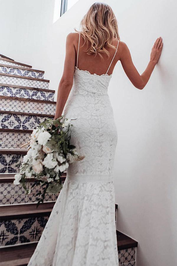 Spaghetti Straps Mermaid All Over Lace Ivory Wedding Dress WD061 - Image 2