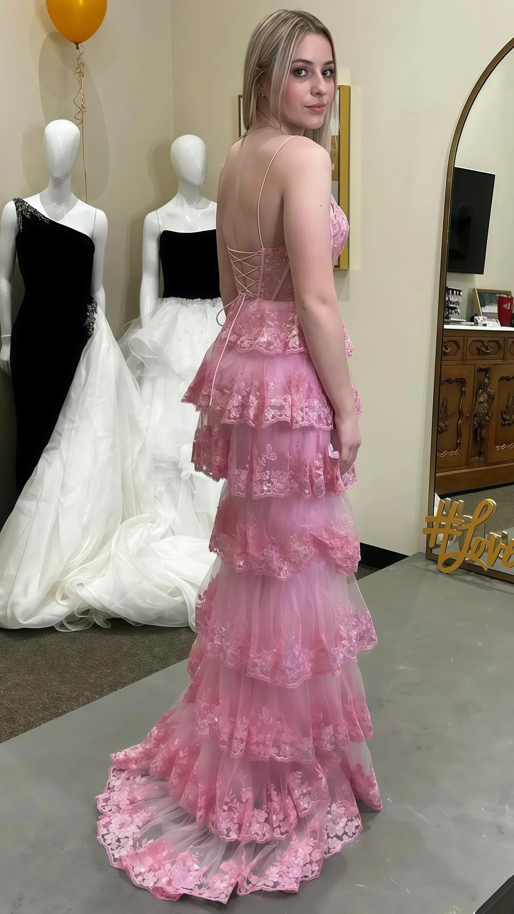Spaghetti Straps Pink Lace Ruffle Prom Dresses - Image 2